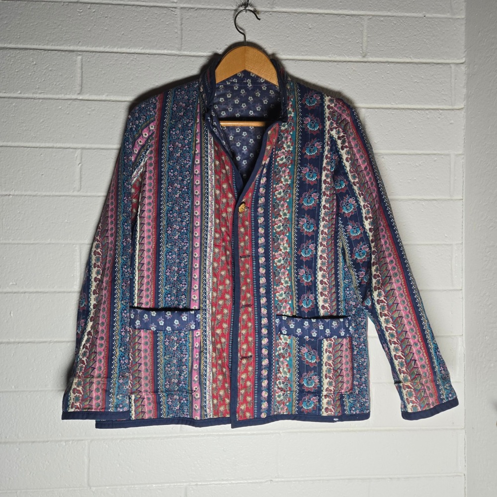 Vtg Women Quilted Jacket Floral Patchwork Reversible Boho Chore Coat Hippie L